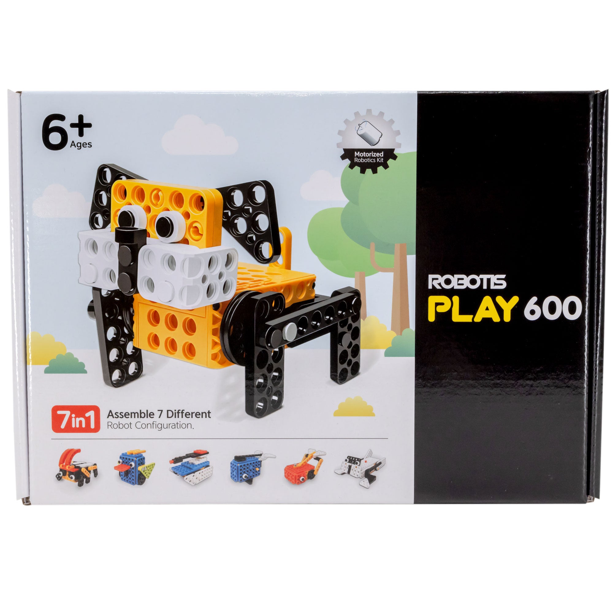 Robotis Play 600 Pets box cover. On the left shows a dog shaped robot with a background of faded trees, bushed, and sky. Under this shows 6 other pet option builds. To the left is a black strip with the item title.