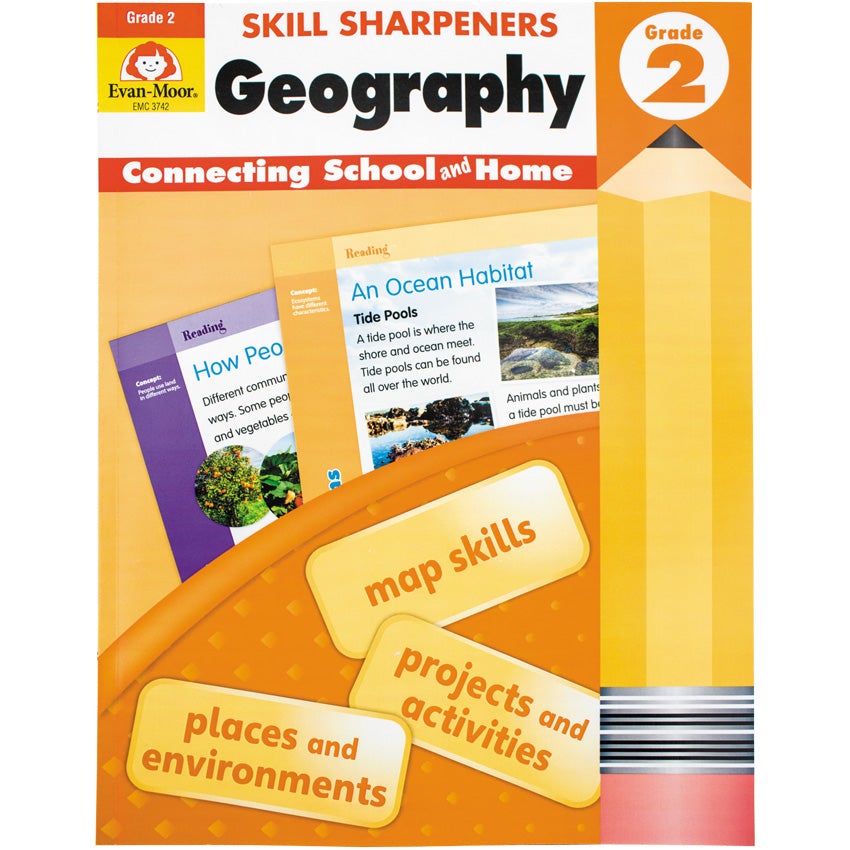 Skill Sharpeners Geography Grade 2 book. The background is mainly orange with a white top containing the title. In the middle are 2 sample pages from the book, one titled “An Ocean Habitat” with pictures of tide pools. Over the top of the pages is a rounded orange shape with rectangular shaped boxes and the following text inside; map skills, projects & activities, and places & environments. To the right is a huge pencil illustration, standing from bottom to top.