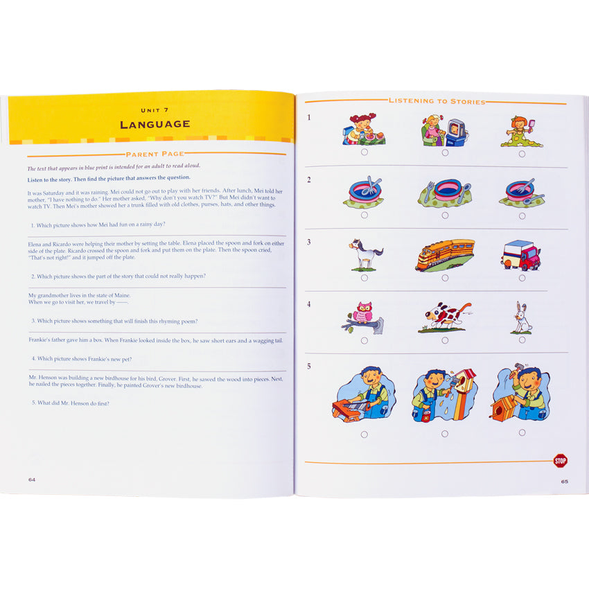 Test Prep Grade 1 book open to show inside pages. The left page is a parent page with instructions and is titled “Unit 7, Language.” The right page shows 5 rows with 3 pictures in each row. The child chooses the correct picture from what the parent asks on the previous page.