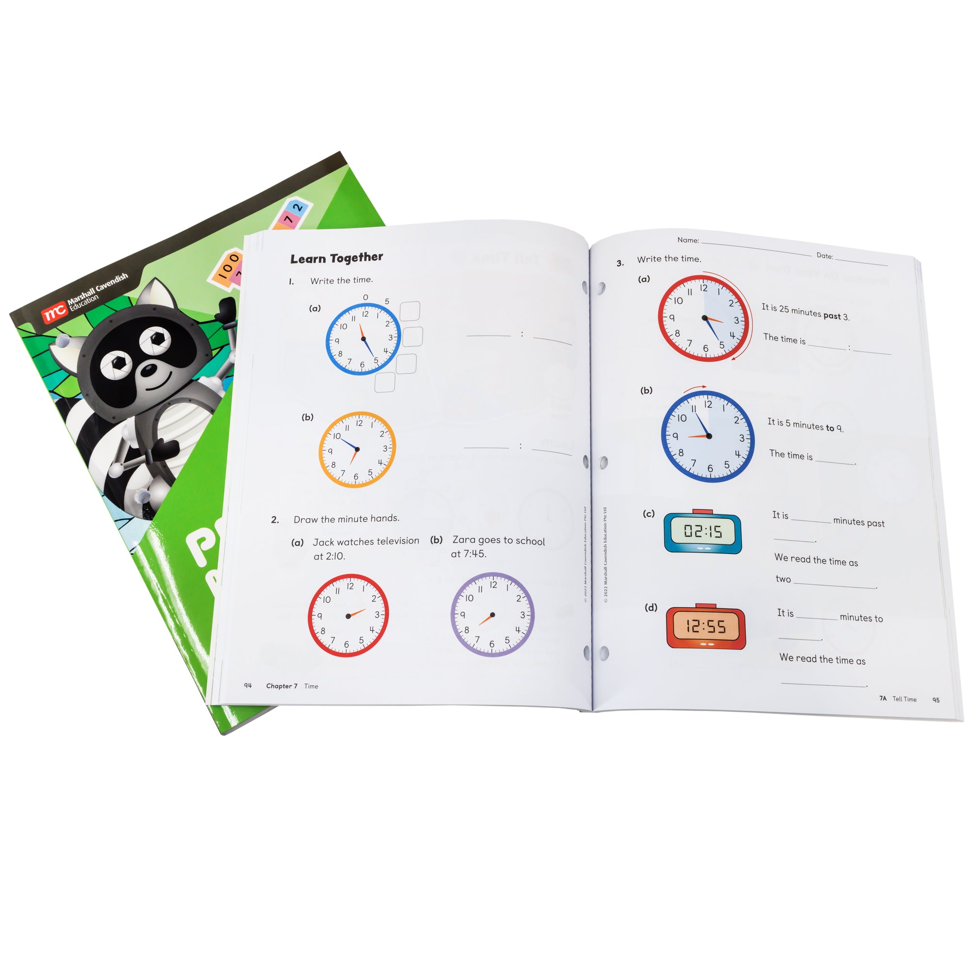 Singapore Primary Math second grade books. On top is an open book showing math problems with an illustrations of clocks with different times. Under the open book and to the left is a closed book with a racoon and green background.