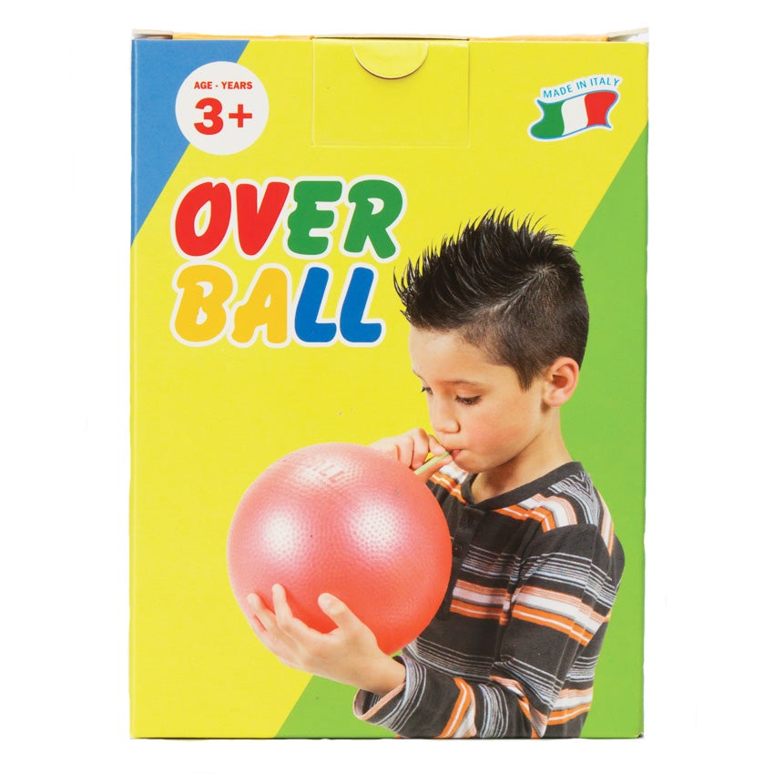 Gymnic Over Ball packaging shows a blue, yellow, and green diagonal background.  The Over Ball text is shown in red, green, yellow and blue. There is a dark-haired boy, on the cover, blowing up a red ball with a straw. There is an Italian flag in the upper-right corner with the text "made in Italy."