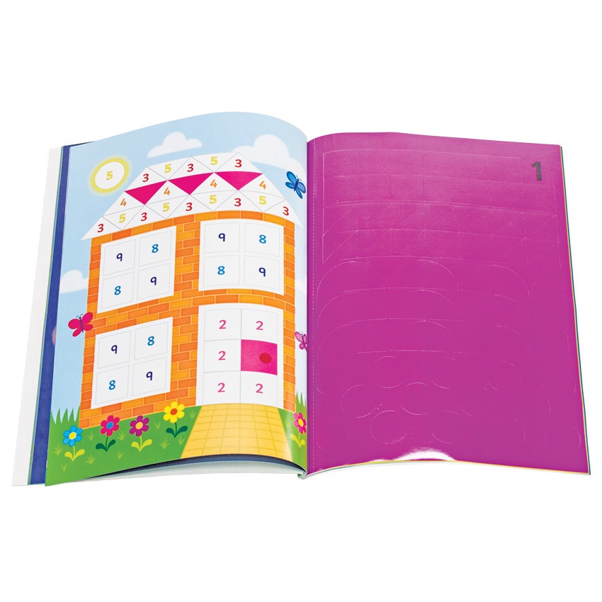 My First Sticker by Numbers Book open to show a brick house surrounded by a blue clouded sky, flowers, and butterflies. There are white shapes and a number in the middle of each shape on the left page covering the house. The numbers direct you to place that numbers sticker on that position. On the right page is a sticker sheet. The page is all magenta with the outlines of each shaped  sticker. There is a black 1 in the top-right corner.
