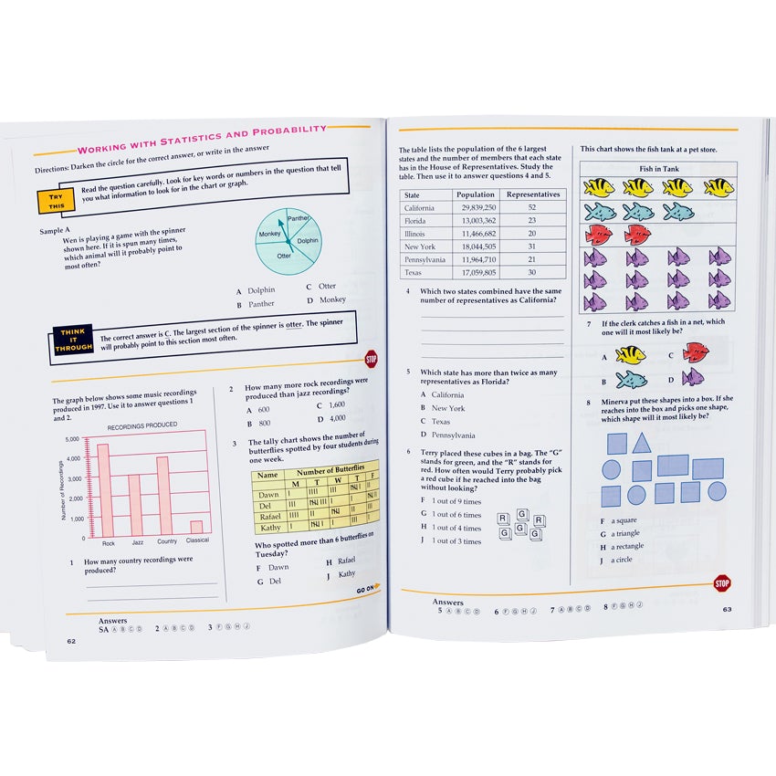 Test Prep Grade 4 book open to show inside pages. The left page, titled “Working with Statistics and Probability,” has 3 multiple choice questions. The right page has 1 sentence question and 4 multiple choice questions. There are illustrations, graphs, and tables on both pages.