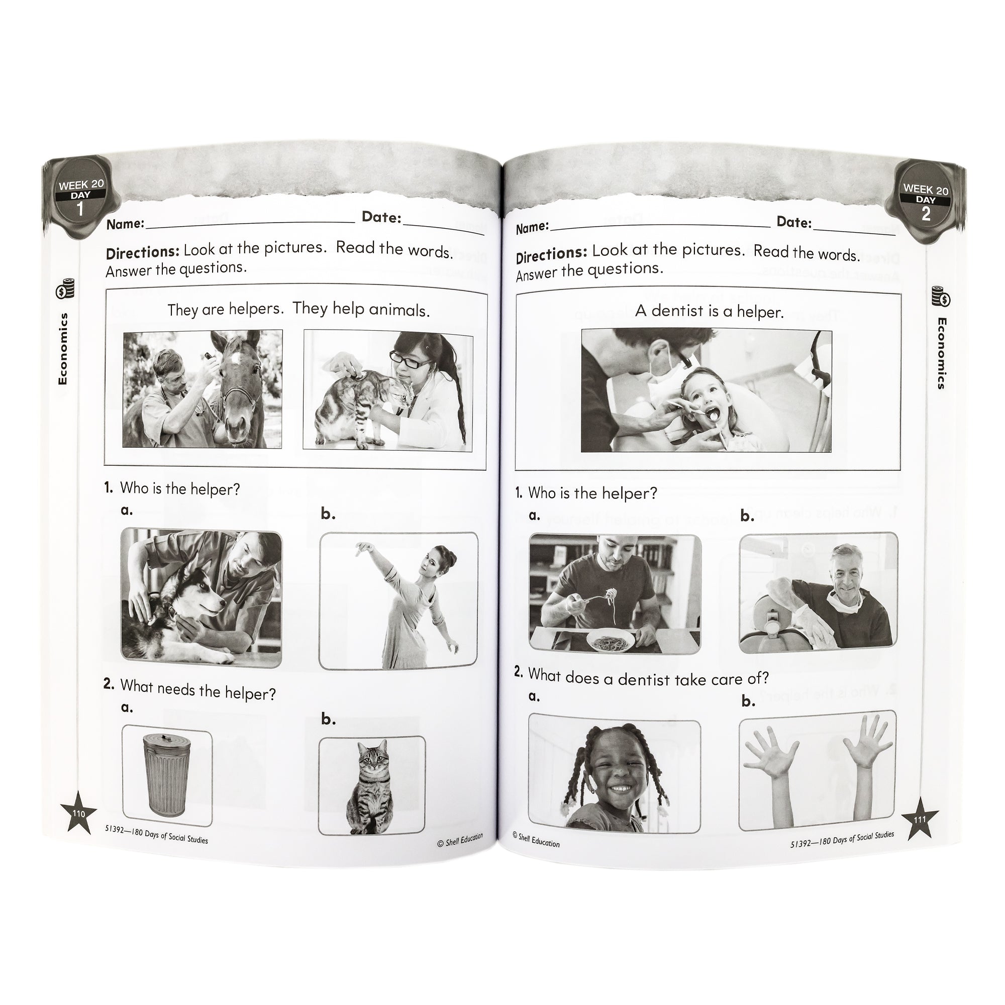 180 Days of Social Studies for Kindergarten book open to show inside pages.  Each page shows 6 pictures. The left page shows animal helpers and has you select related pictures. The right page shows dental helpers and has you select the related pictures.