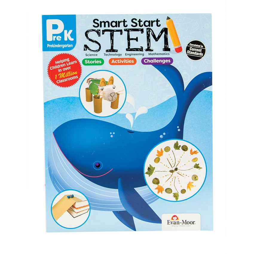 Smart Start Stem Pre K book cover. The cover has a blue background with a smiling while. There are 3 round pictures placed over the top. The top image shows a bunny project made from toilet rolls for legs and pieces of paper cut out for the face and body. The middle image shows leaves in a circle with stems. The bottom image shows a stack of books with a cardboard ramp and a car toy getting ready to go down the ramp.