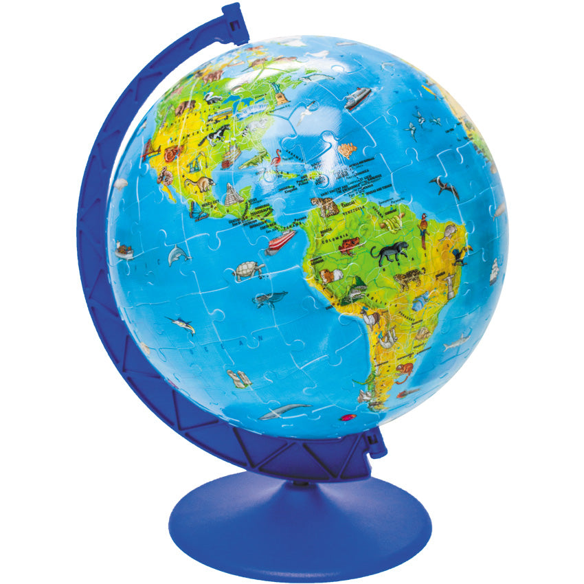 The Puzzleball Globe 180 piece set, completed and in the blue stand. The 3 D globe is turned to show North and South America. There are illustrations of animals, famous structures, and vehicles in many colors on top of the map.