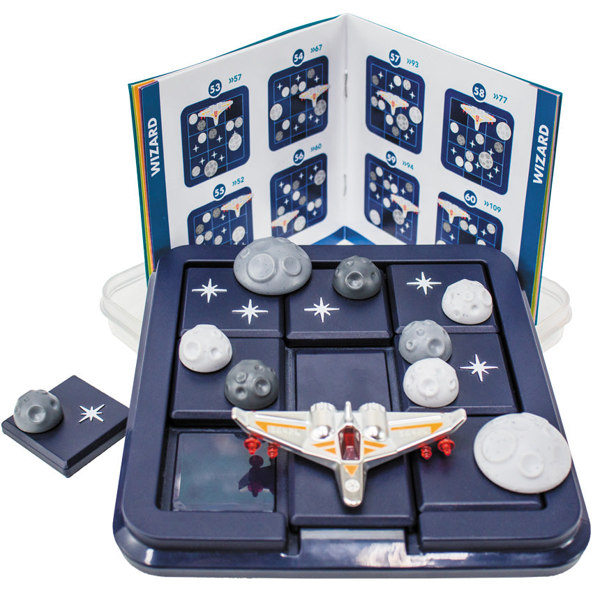 Asteroid Escape game in play. The gameboard is a dark navy blue with square navy blue playing pieces on top. Each playing piece stars and moon shaped pieces in shades of gray. One square has a space ship in silver and orange. There is one game piece off to the left and the instruction manual behind the game open to the wizard level options.