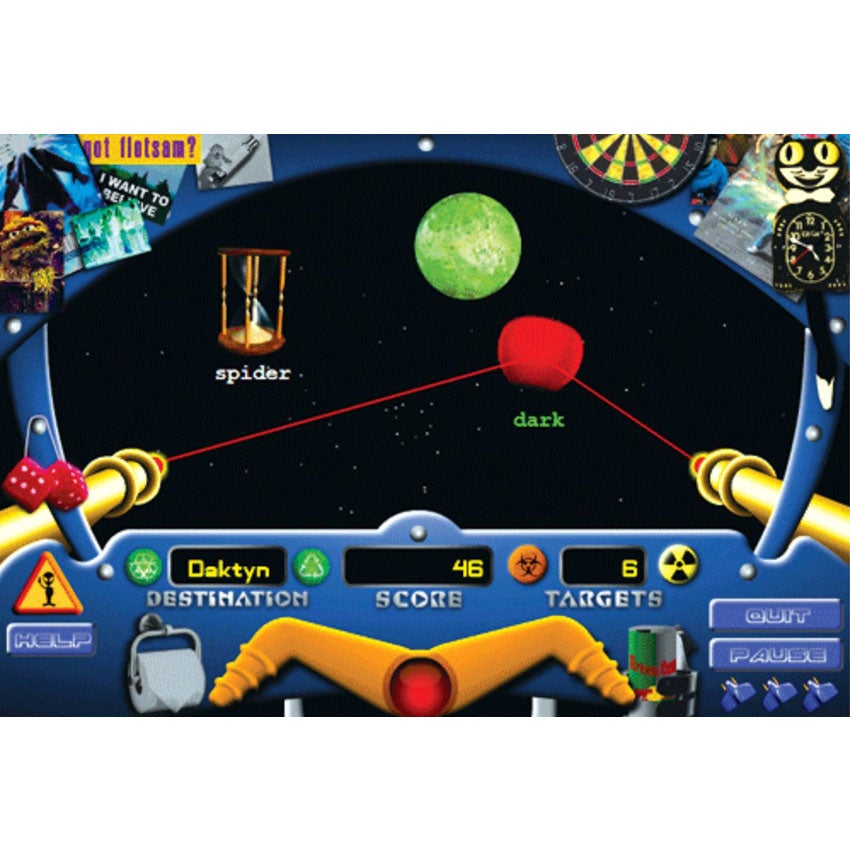 Typing Instructor screenshot of a space game. You see the dash of your spaceship with several novelty items, a steering handle, and a scoreboard. In the middle is a windshield with a laser blasters on each side of the ship. The laser blasters are blasting an apple floating in space. There is also a green planet and an hourglass floating near the apple and words floating under the objects.