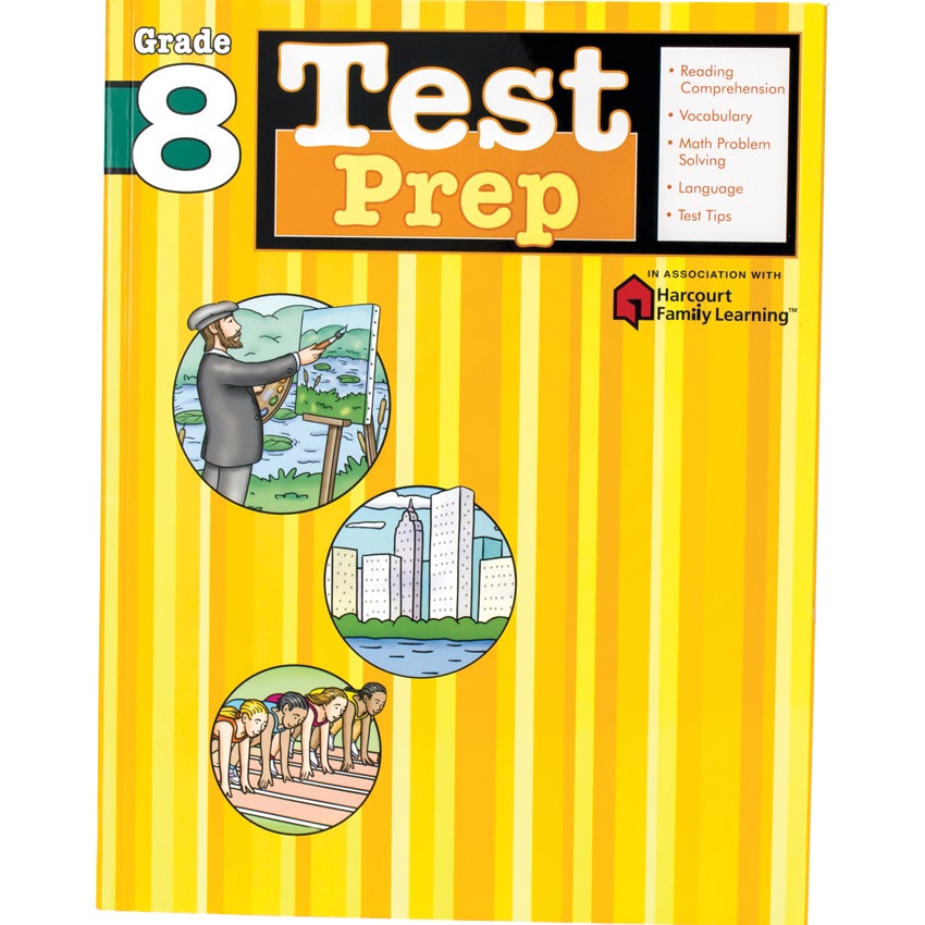 Test Prep Grade 8 book. The background is striped with different shades of yellow. The title at the top is next to a list of items covered in the book, including; Reading Comprehension, Vocabulary, Math Problem Solving, Language, and Test Tips. Below and to the left are 3 illustrations in circle frames. The top is of a man painting a landscape on a canvas, the middle is of city skyscrapers near water, and the bottom is of 4 people crouched down, getting ready to race on a track.