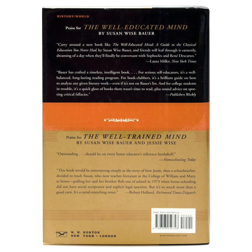 The History of the Ancient World book back with 4 reviews of the book. The top of the back cover is black with white and gold text. The middle is orange with a white accent in the middle. The bottom is gold with black text.