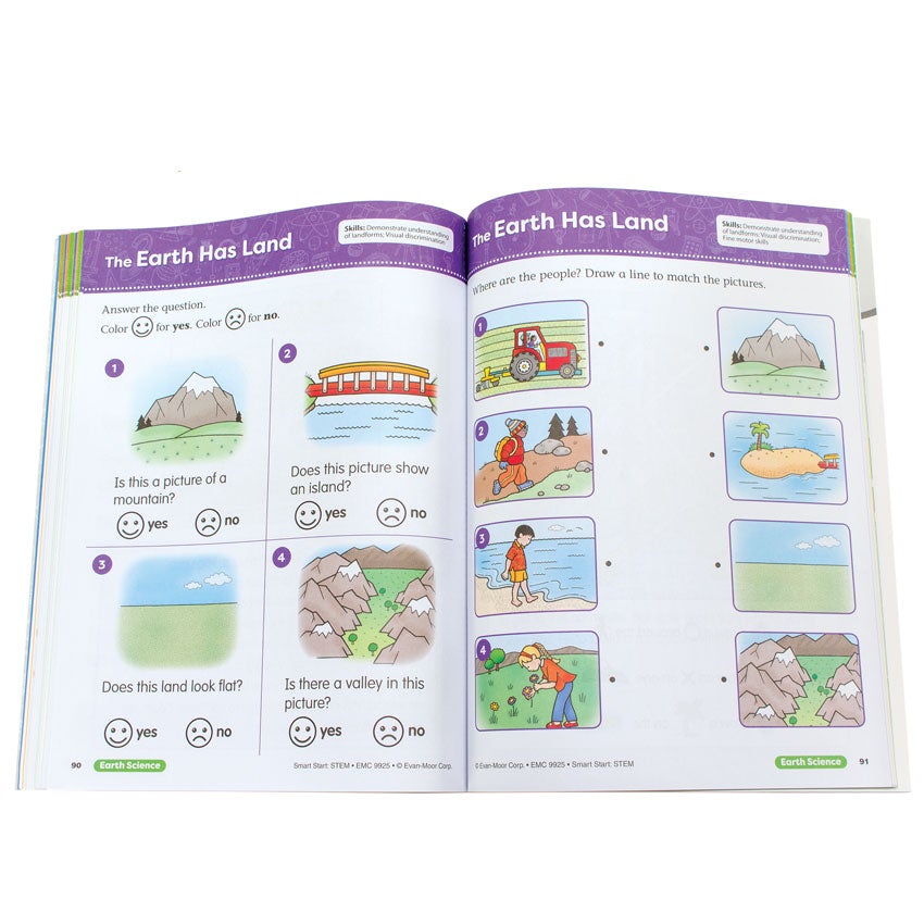 Smart Start Stem Pre K book open to show inside pages. The pages are white with a purple border at the top and the title “The Earth Has Land” on the top. The left page shows 4 images of a mountain, bridge, plain, and valley with questions about the picture under each one. The right page shows 2 columns of 4 images each and has you draw a line from a image in one column to a related image in the next column. The images in the left column are of people walking on land. The right are empty land images.