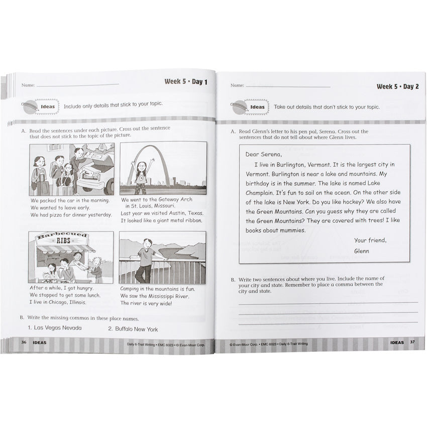 Daily 6 Trait Writing Grade 3 book open to show inside pages. The pages are white with gray rectangles bordering the bottom. The left page shows 4 illustrations of a family road trip with 3 sentences underneath. You are to pick the sentence that correctly describes each image. The right page shows a letter. You are instructed to cross out sentences that do not describe where the writer lives.