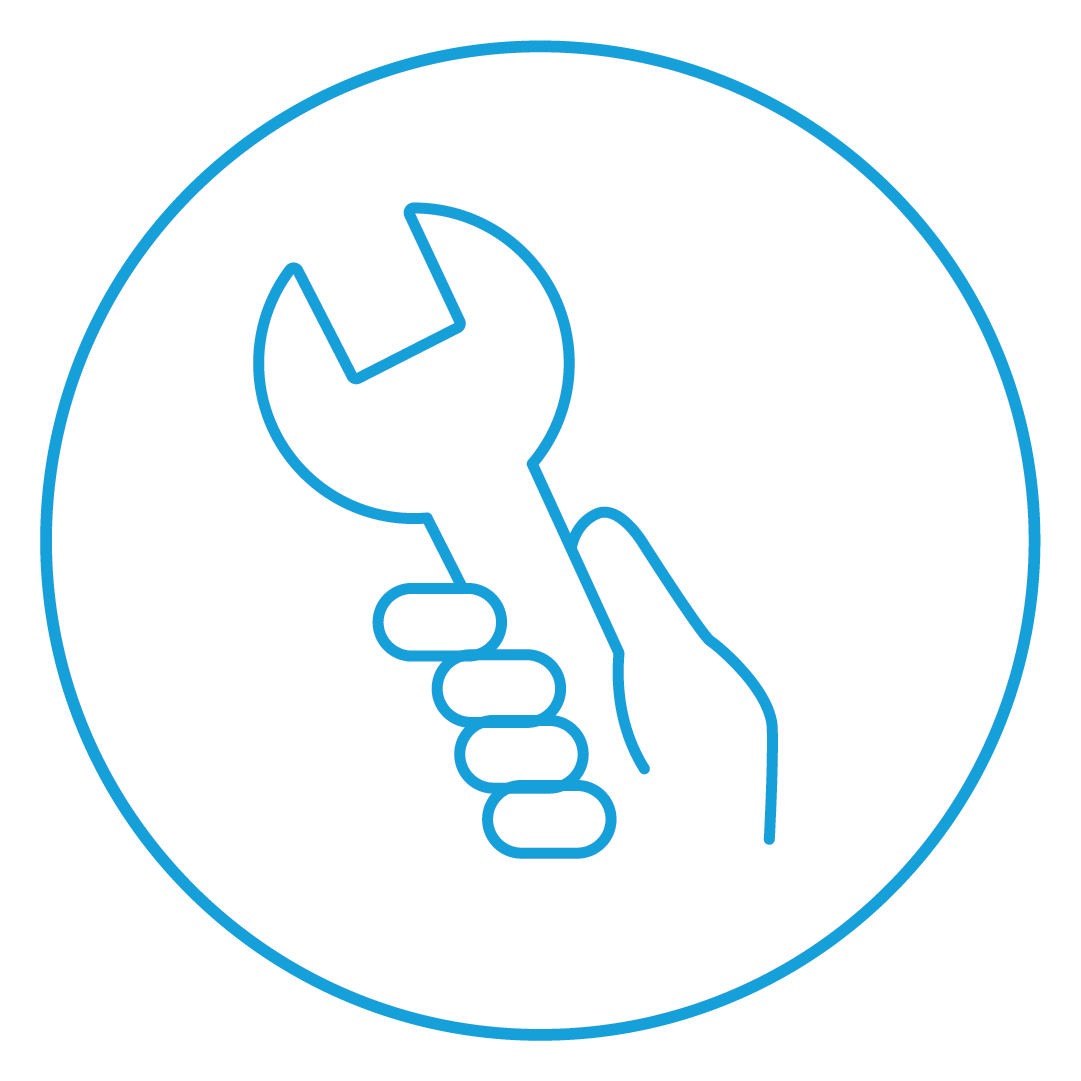 blue and white icon of hand holding a wrench to represent manufacturing industry