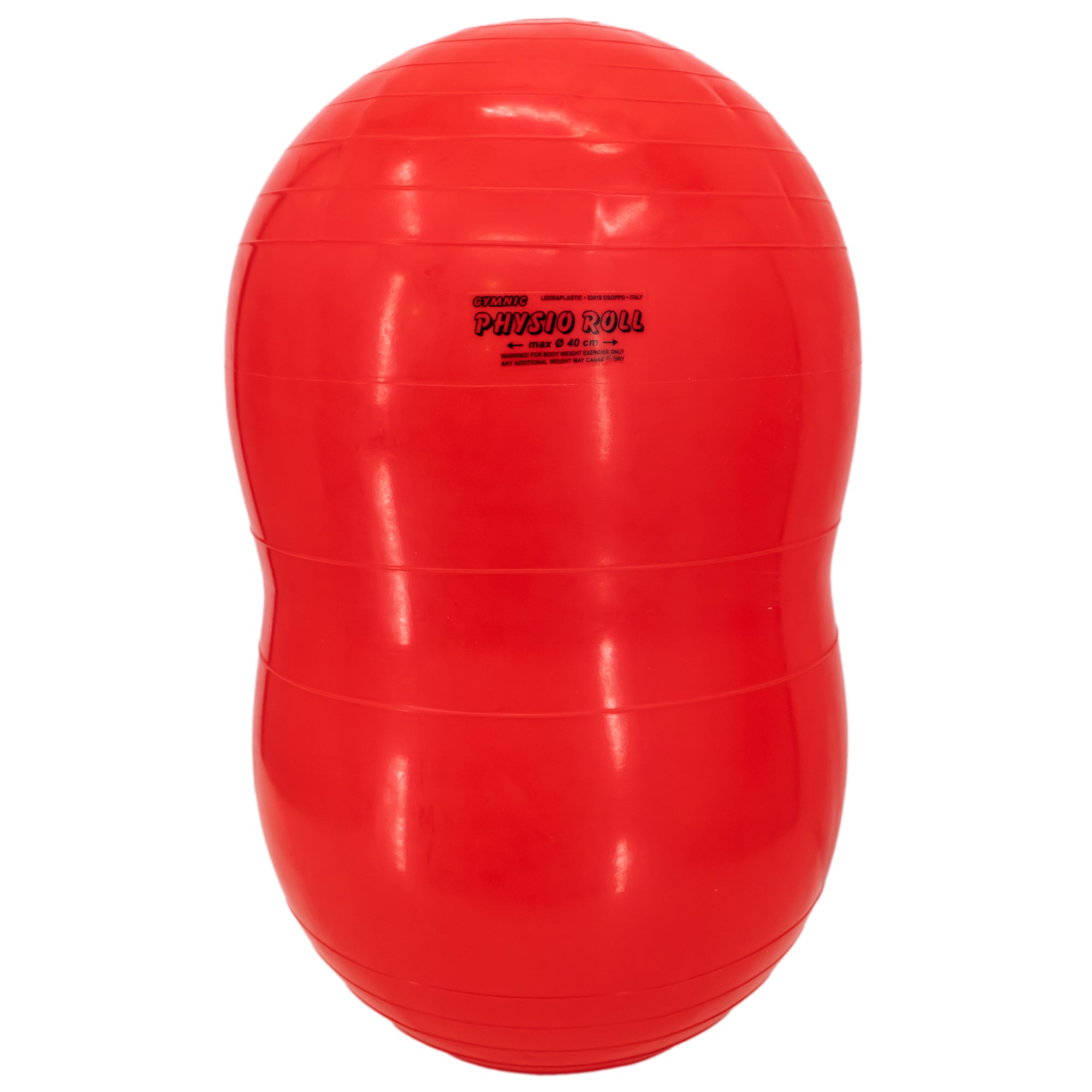 Gymnic Physio Roll ball in red standing to show the height. The large ball is peanut shaped for stability of little ones.