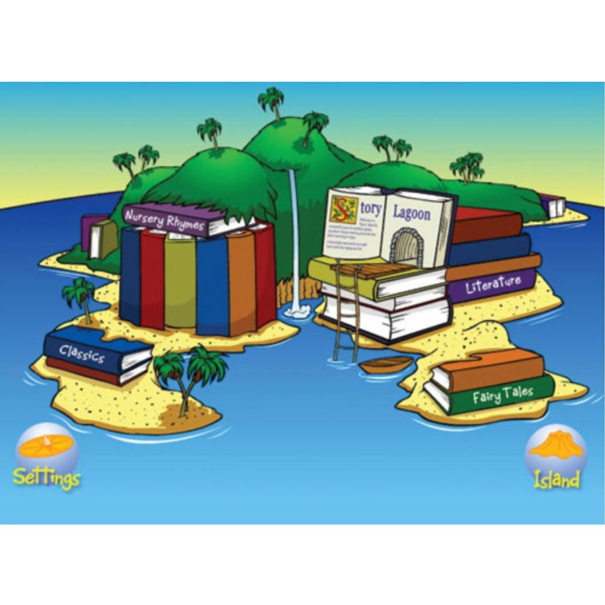 Typing Instructor for Kids screenshot of an island with large colored books. 5 of the books are titled "nursery rhymes," "classics," "story lagoon," "literature," and "fairy tales." There are 2 buttons on the lower part of the screen on either side labeled "settings" and "island."