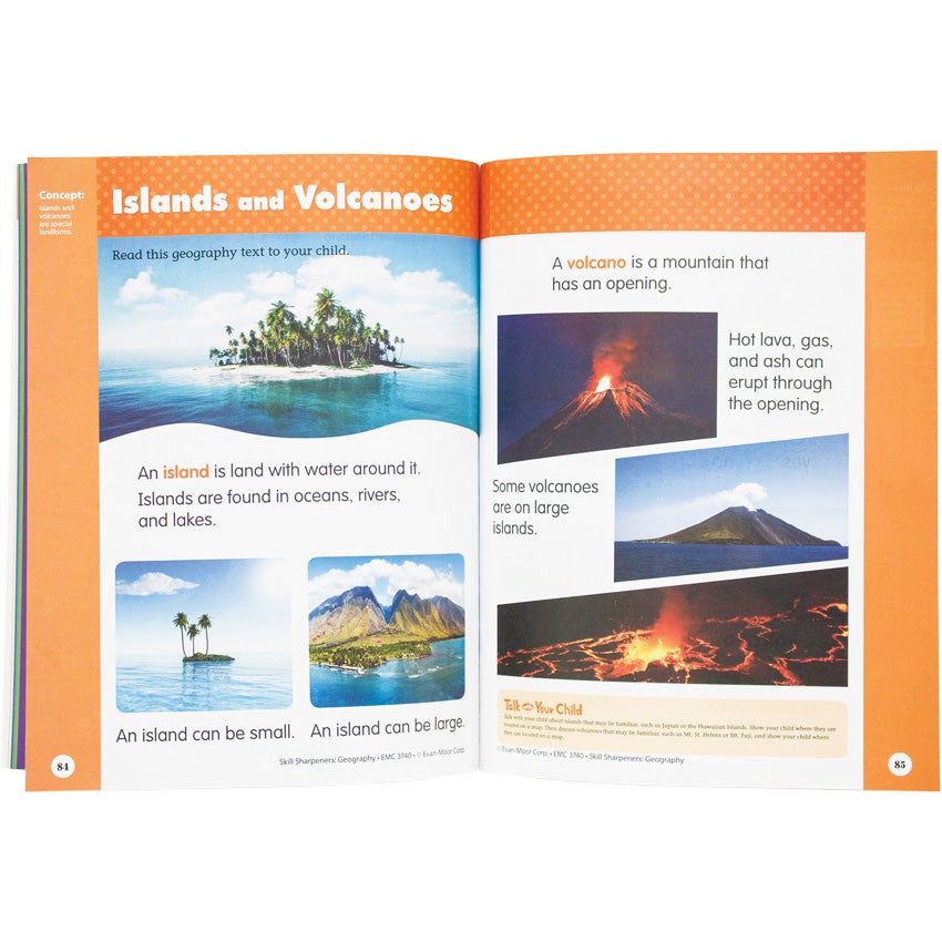 Skill Sharpeners Geography Grade K book open to show inside pages. The pages are white with an orange border on the top and outside edge. The left page has the title “Islands and Volcanoes” at the top and shows 3 images of islands. The right page shows 3 images of volcanoes.