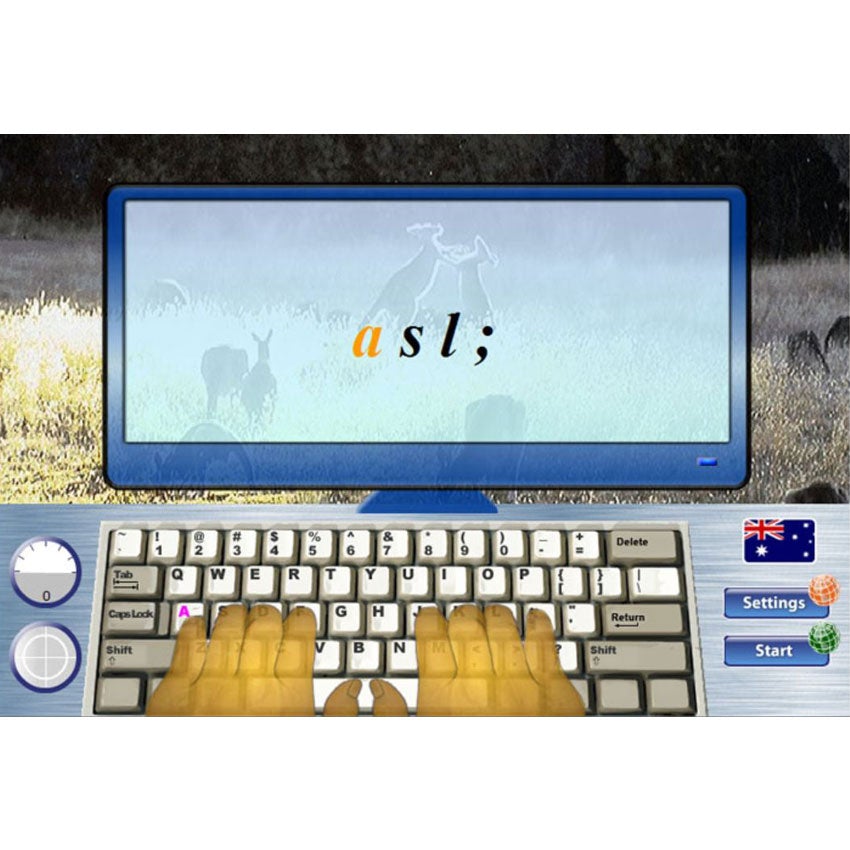 Typing Instructor screenshot of an illustrated computer with keyboard. There are transparent hands hovering over the keyboard showing you the positions your hands should be in. On the screen portion, there are the characters A S L and a semi-colon. Behind the screen portion, you can see a background image of kangaroos in a field with 2 boxing kangaroos in the middle.